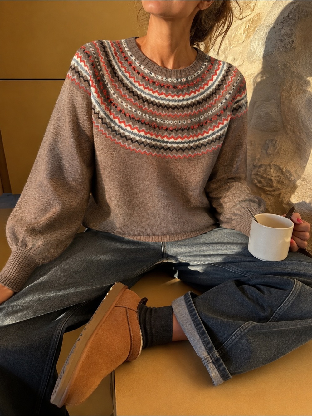 Cashmere Tan Multicolor Patterned Sweater